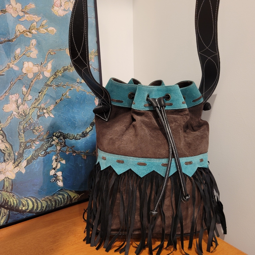 Leather bucket shoulder bag fringe vintage but never used teal & brown purse - Picture 2 of 12